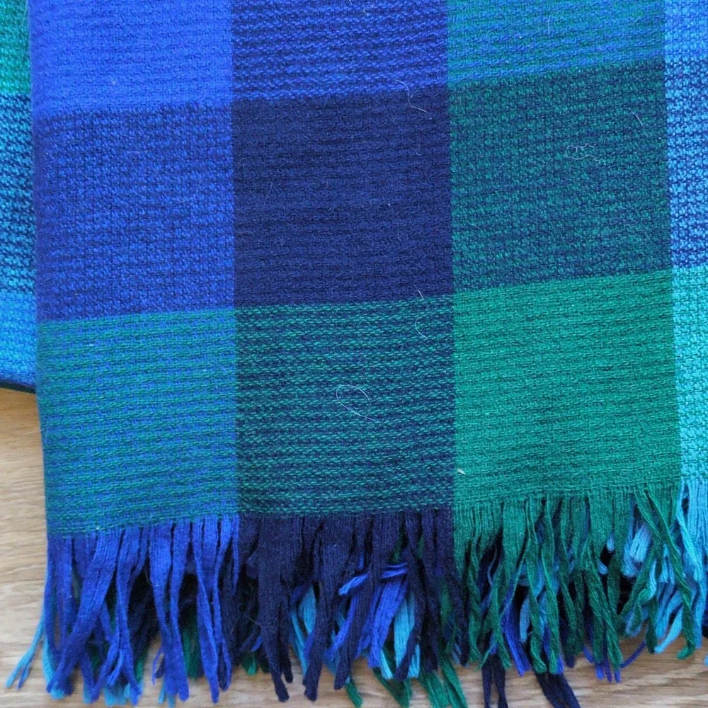 RARE Color Vtg Faribo Wool Blanket Blue Green Plaid Fringed Picnic Stadium 64x50